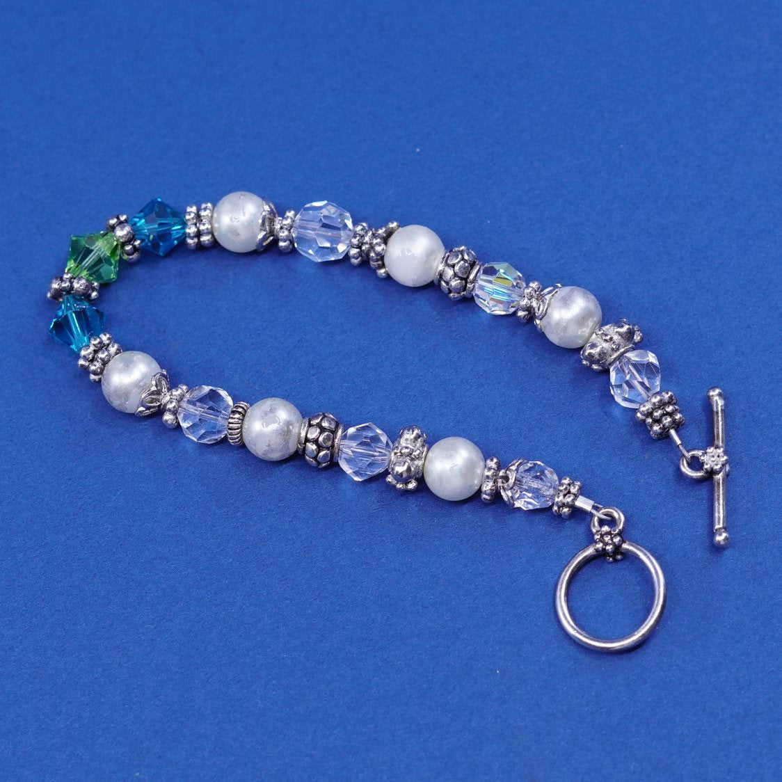 7”, vtg sterling silver handmade bracelet, 925 w/ pearl, green crystal beads