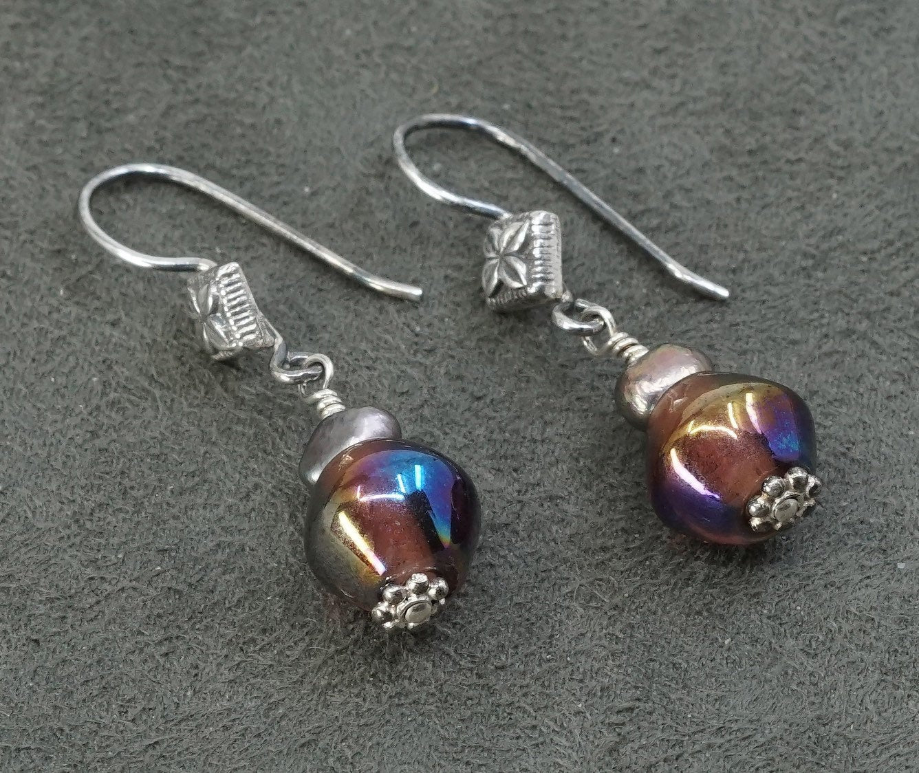 Sterling silver hoop handmade earrings, 925 red glass beads, Stamped 925