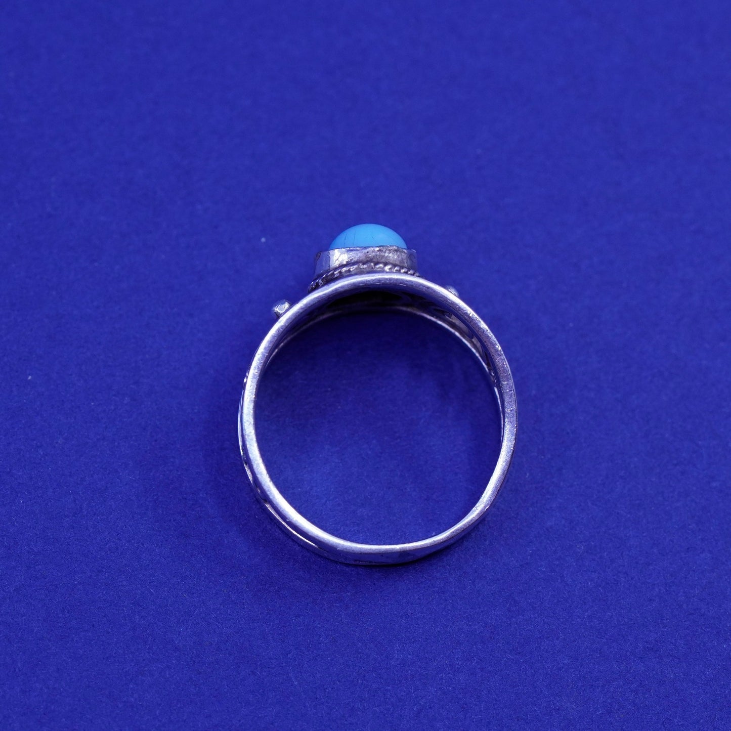 Size 7, vintage sterling silver handmade ring, 925 filigree band with blue onyx