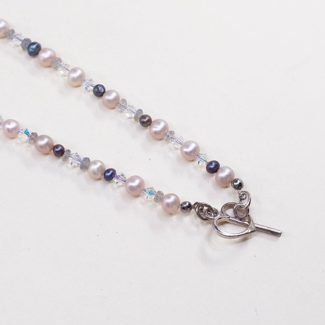 16", handmade sterling 925 silver toggle w/ genuine pearl n crystal necklace
