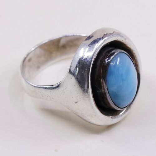 Sz 9.25, Vtg Sterling Silver Handmade Ring, 925 Silver Ring W/ Larimar, Signed