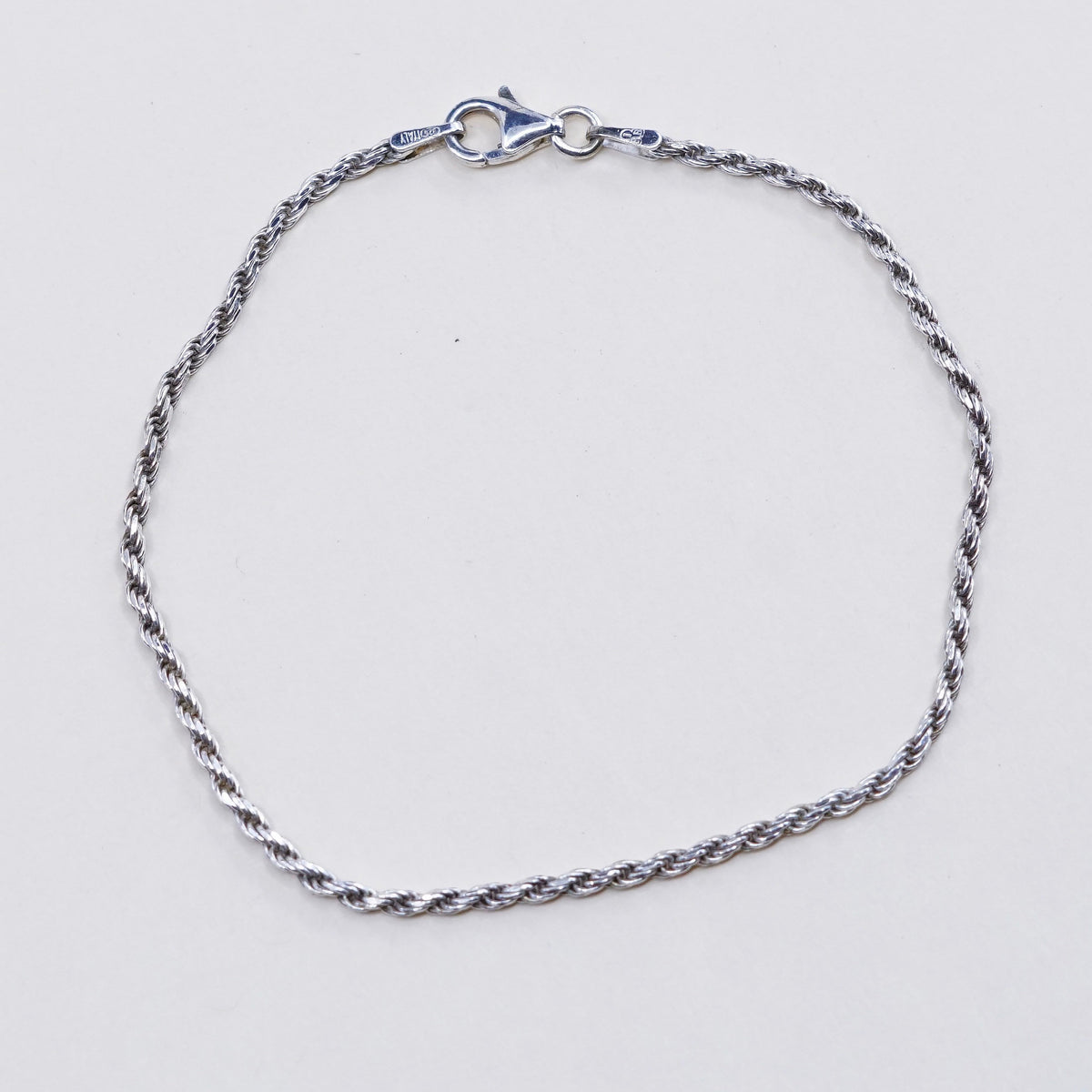 7”, 1.6mm, Vintage sterling 925 silver Italy rope chain bracelet