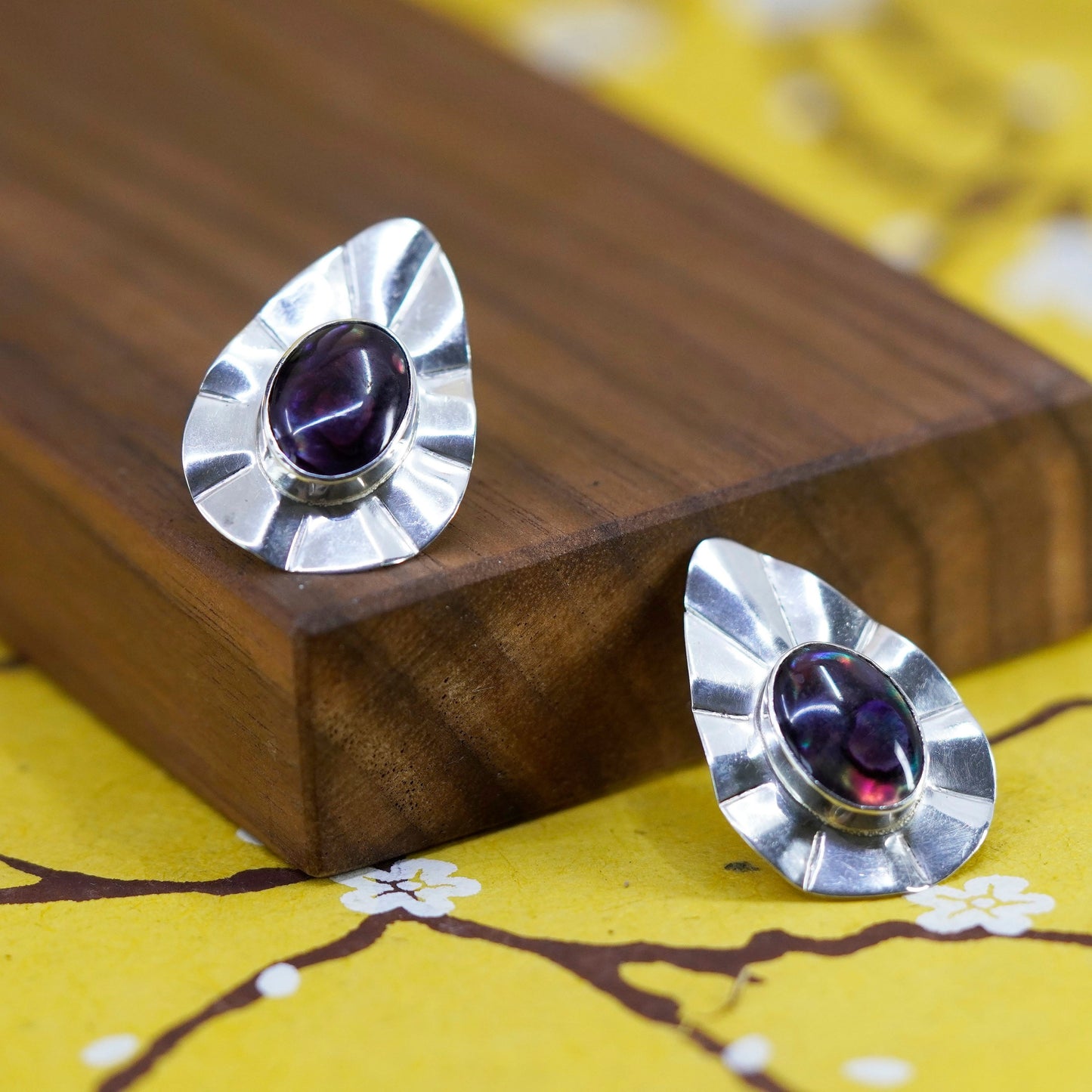 Vintage Sterling Silver Handmade Earrings, teardrop 925 studs with abalone