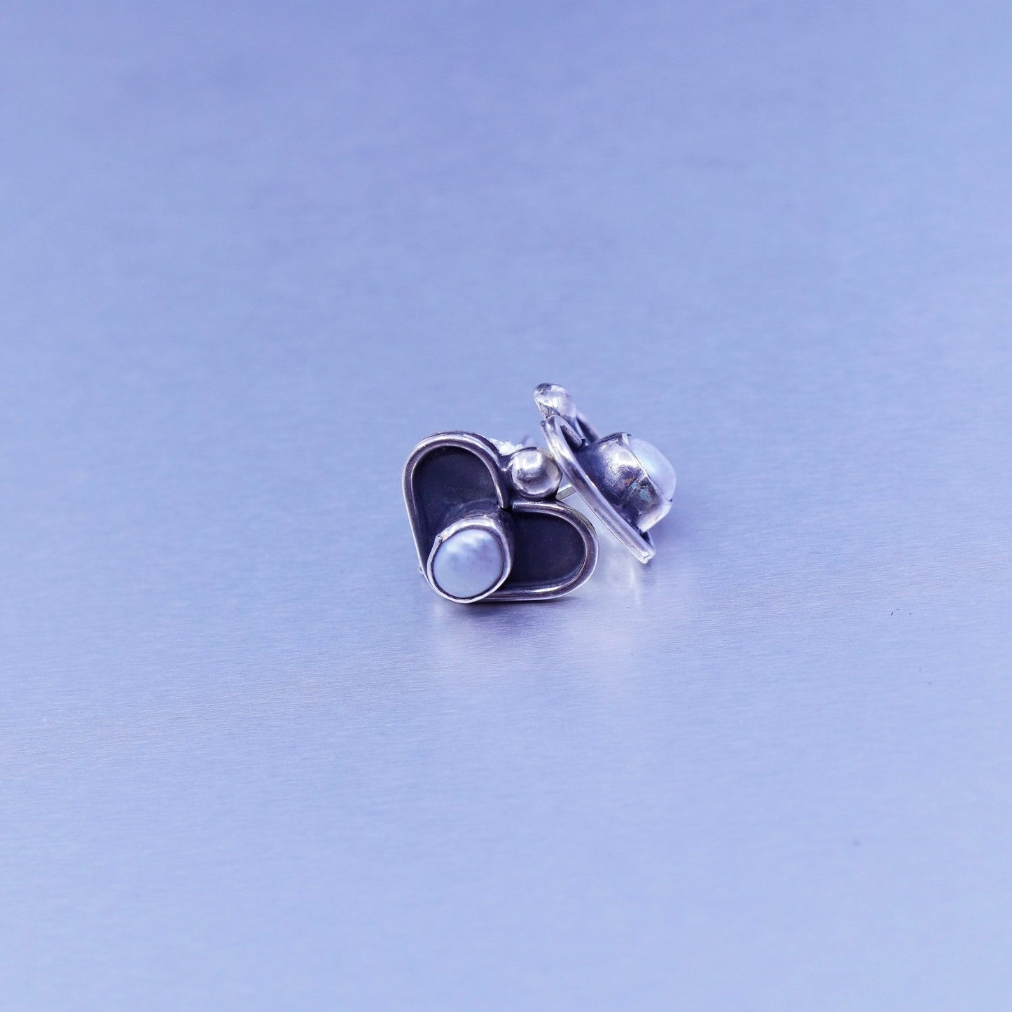 Vintage Sterling 925 silver handmade heart earrings with pearl