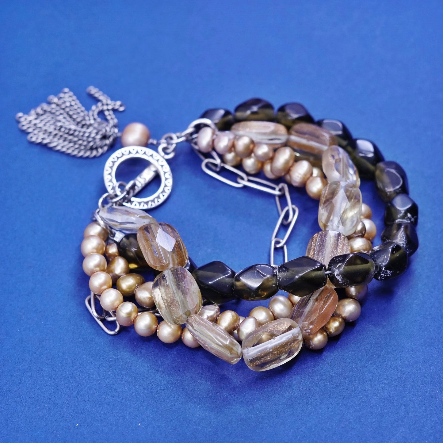 6.5”, Silpada Sterling 925 Silver Bracelet Smoky Quartz Pearls Sunstone