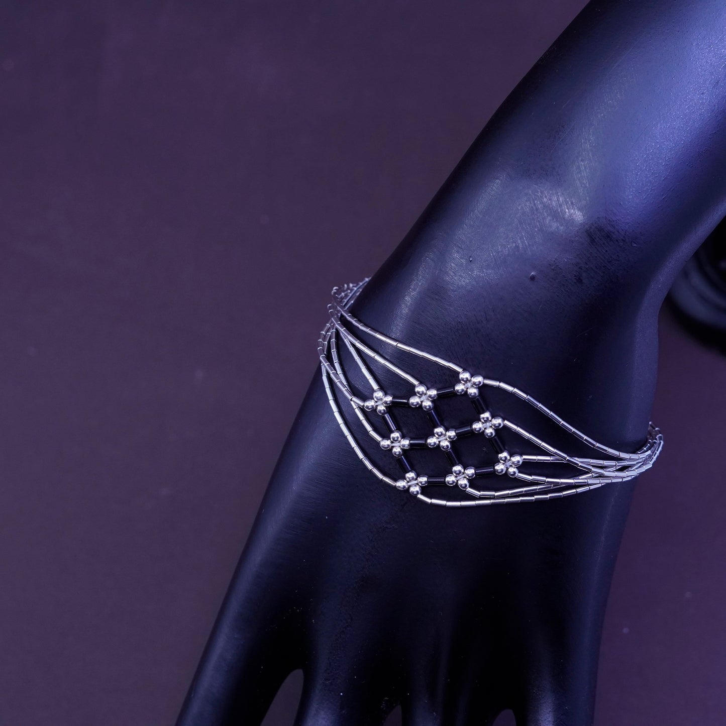 7”, 925 handmade bracelet, 5 multi strands liquid Silver chain with obsidian