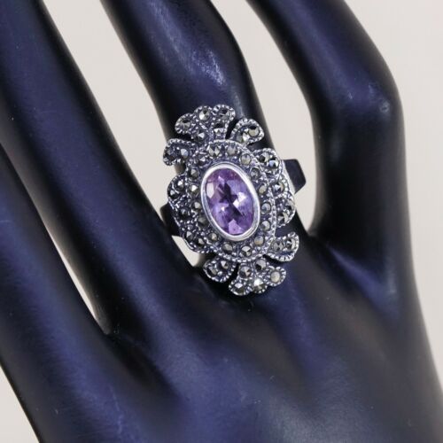 Sz 8, Sterling Silver handmade Ring, 925 Silver W/ amethyst n marcasite