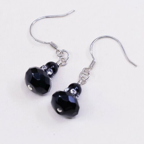 Vintage Sterling Silver Handmade Earrings, 925 Dangles W/ Obsidian N Cz