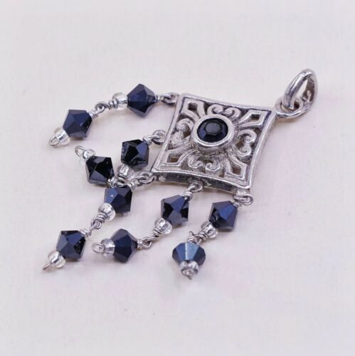 Vtg Handmade Sterling Silver Pendant, 925 Filigree Cross W/ Obsidian N Fringe