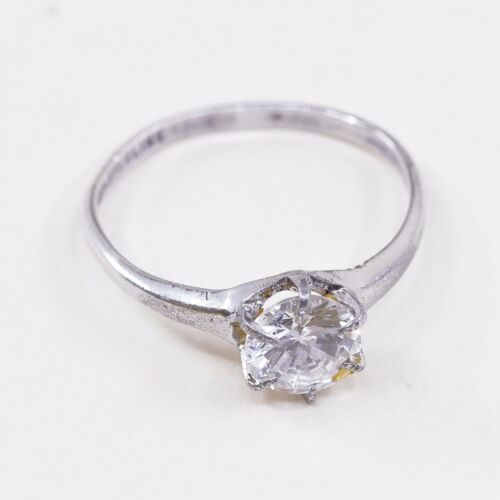 Sz 8.75, Vtg WJ Sterling Silver Handmade Ring, 925 Silver Engagement Ring W/ Cz