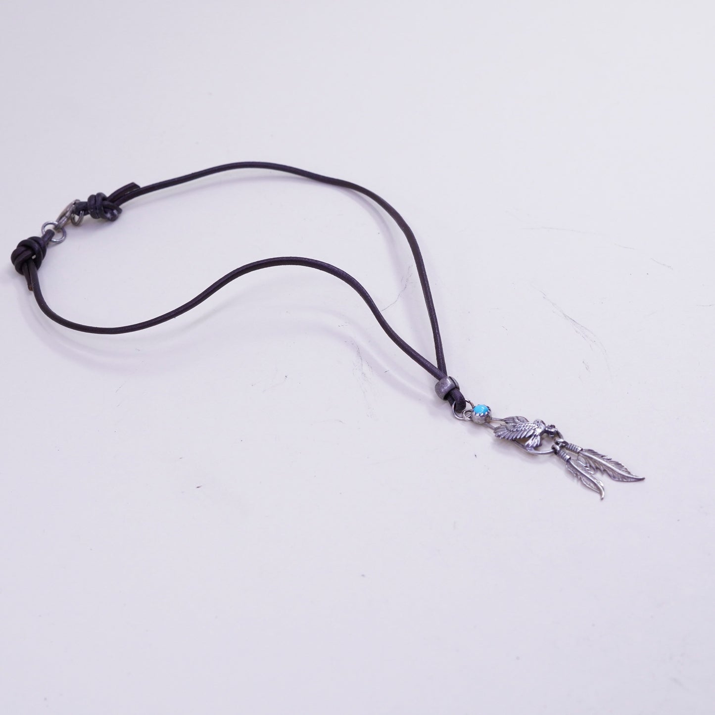 14”, Native American sterling silver necklace, 925 eagle pendant leather chain