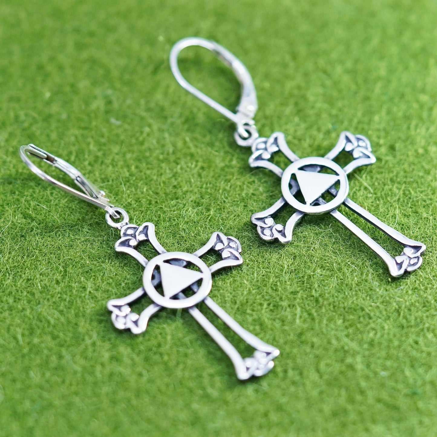 Vintage Sterling silver handmade earrings, 925 cross with peace sign, cute