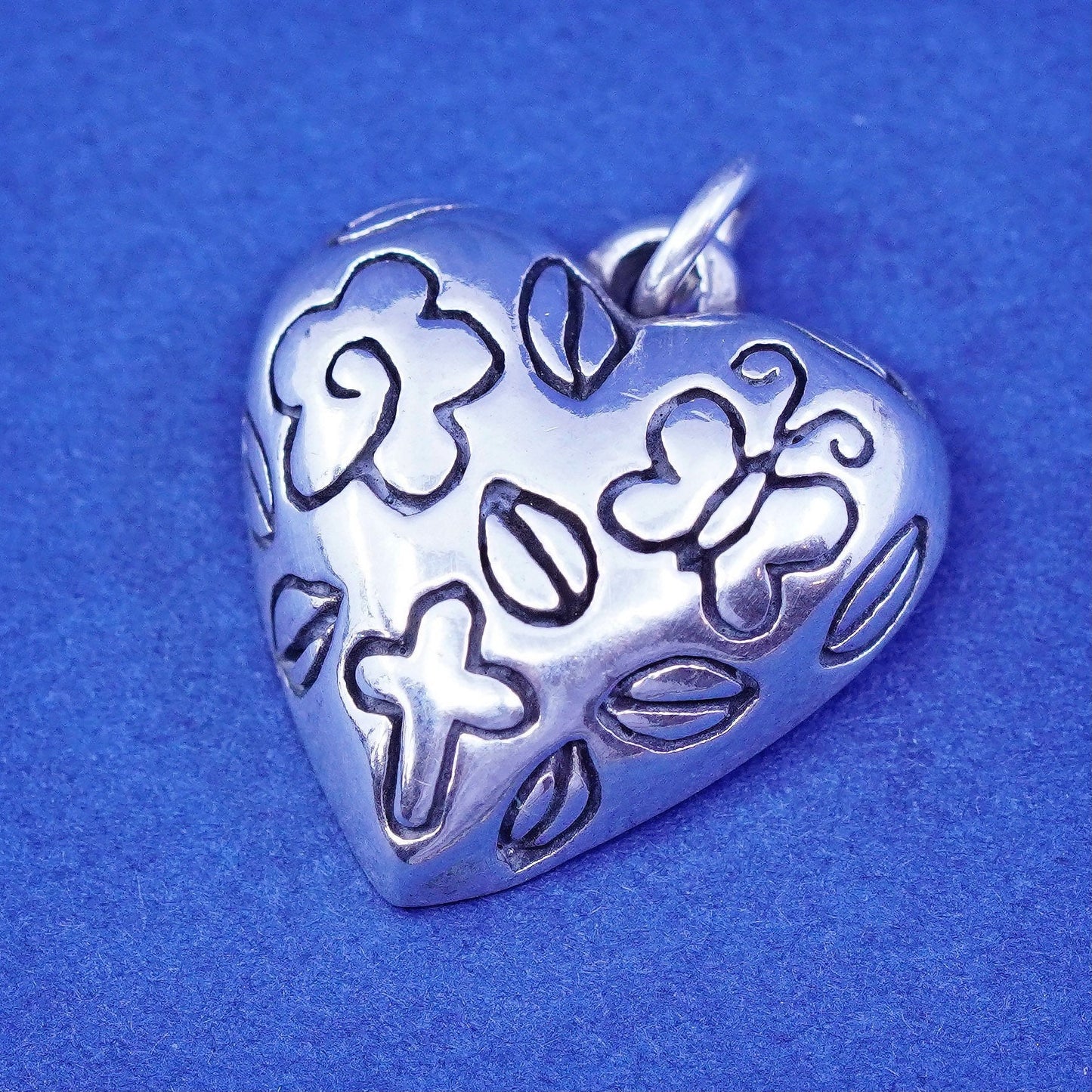 Vintage Sterling silver handmade pendant, 925 heart embossed flower butterfly