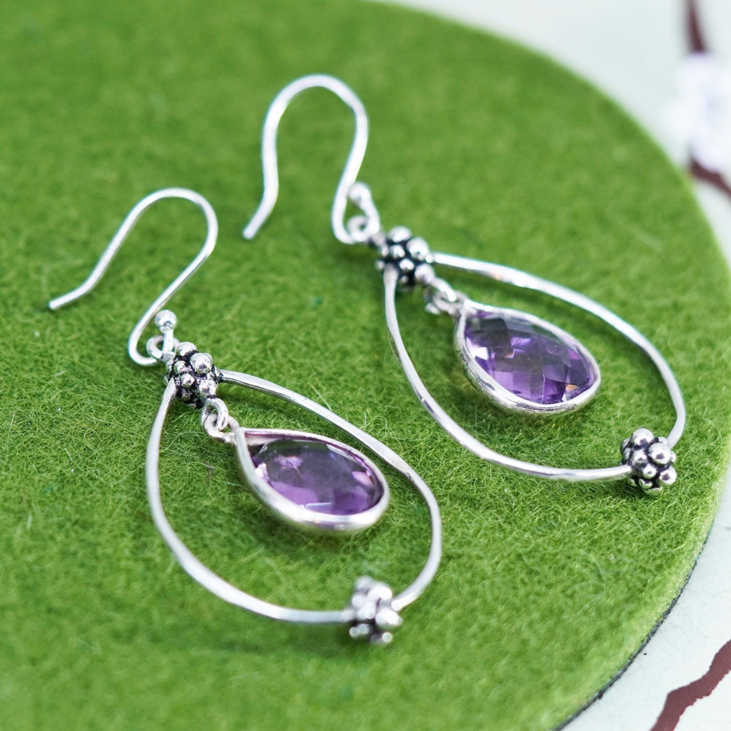 Vintage peyote bird sterling 925 silver handmade earrings w/ teardrop amethyst
