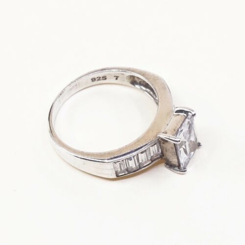 Sz 7.5, Vtg Sterling Silver Ring, 925 Silver Engagement Ring W/ Crystal