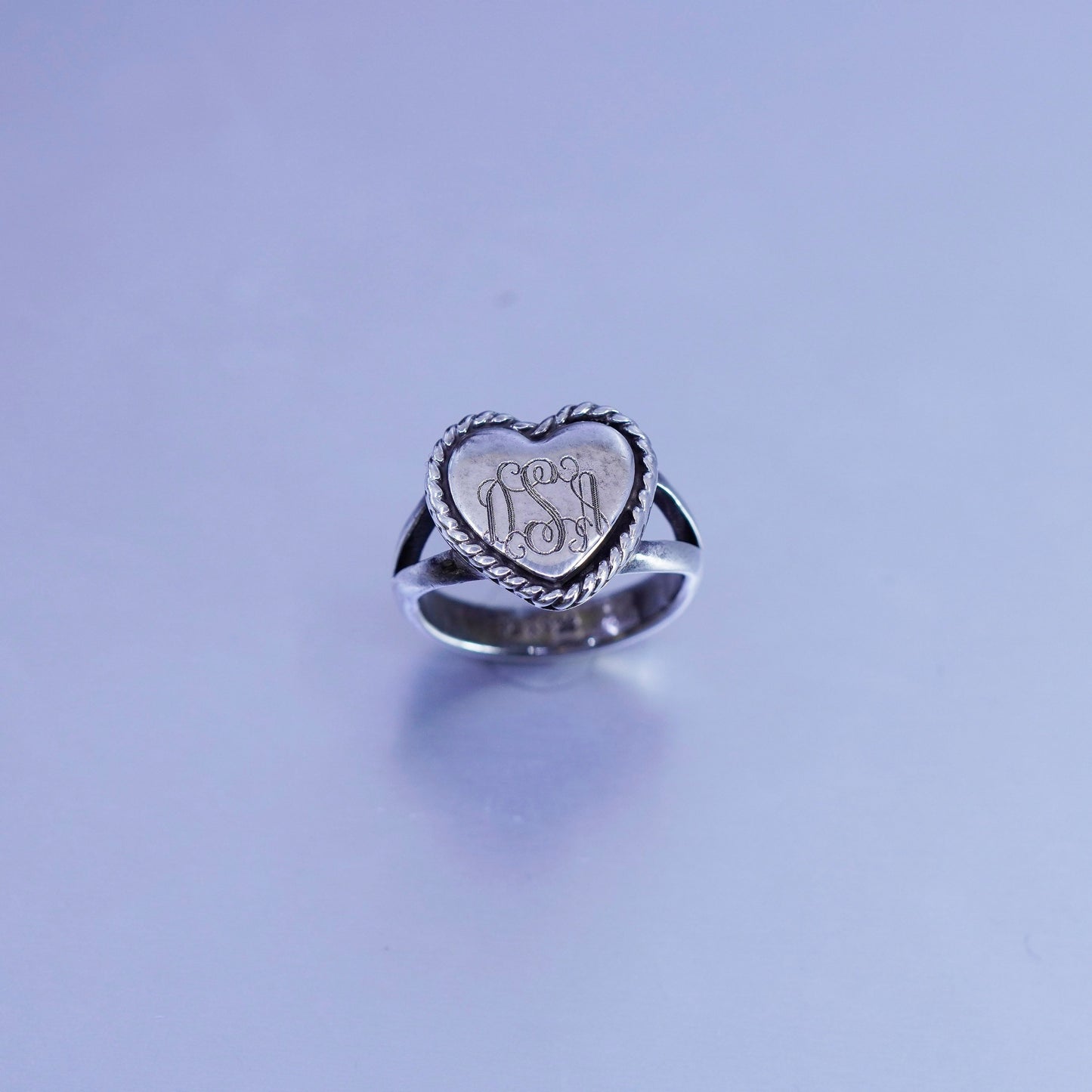 Size 7, Sterling 925 silver handmade heart ring, monogram initial “DSA” band