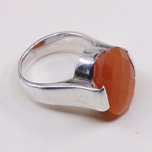 Sz 6.75, Vtg Sterling Silver Ring, 925 Statement Ring W/ Checker Cut Carnelian