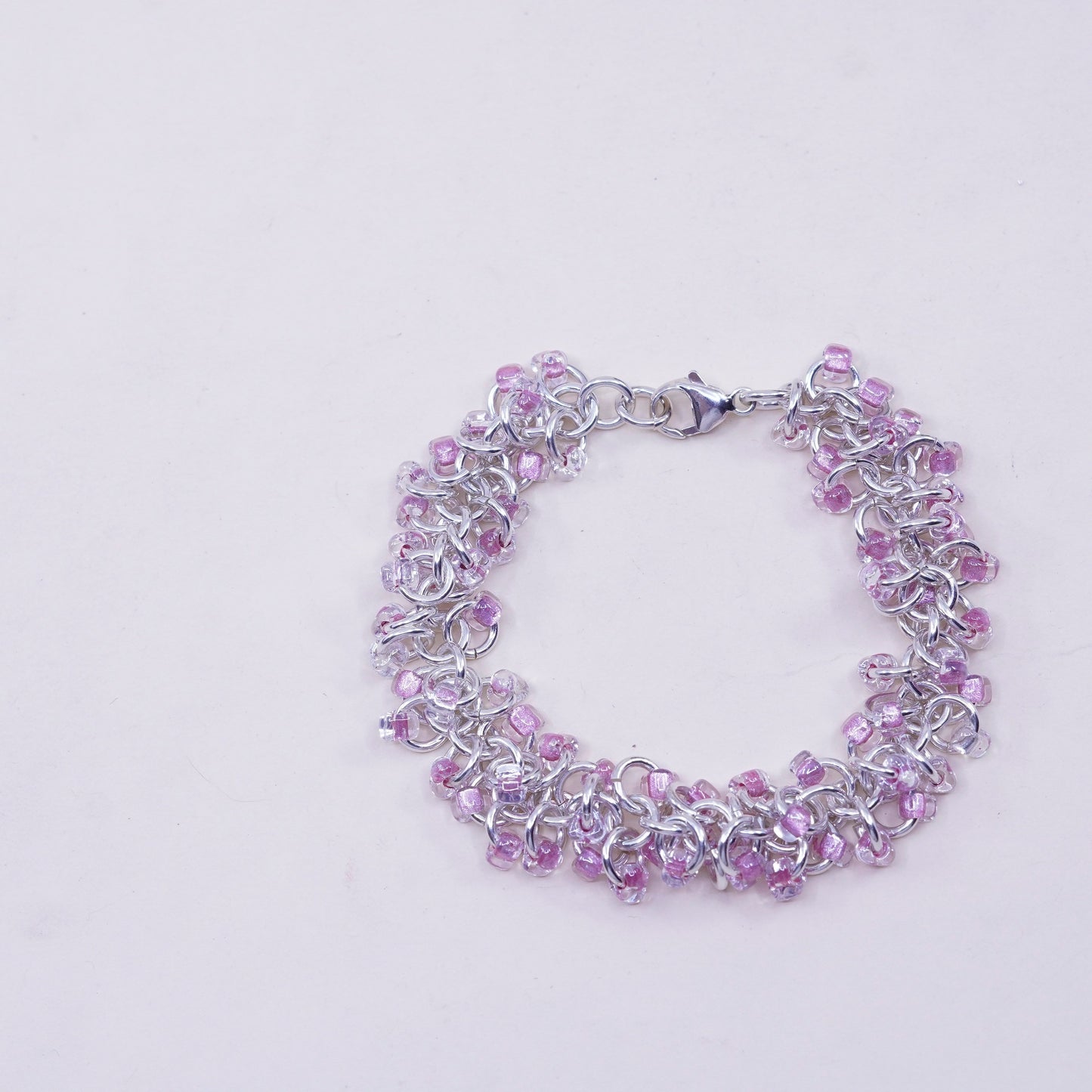 6.75”, Vintage sterling silver bracelet, 925 circle chain cluster pink beads