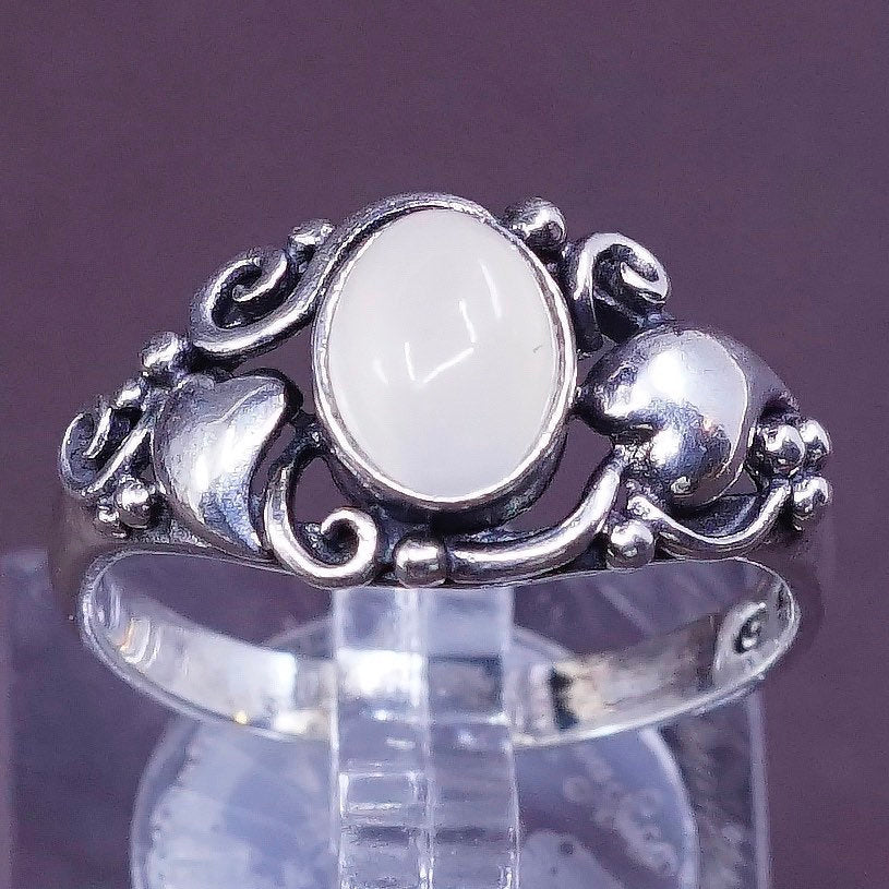 sz 8.5, vtg Sterling silver handmade ring, 925 w/ white tiger eye N beads