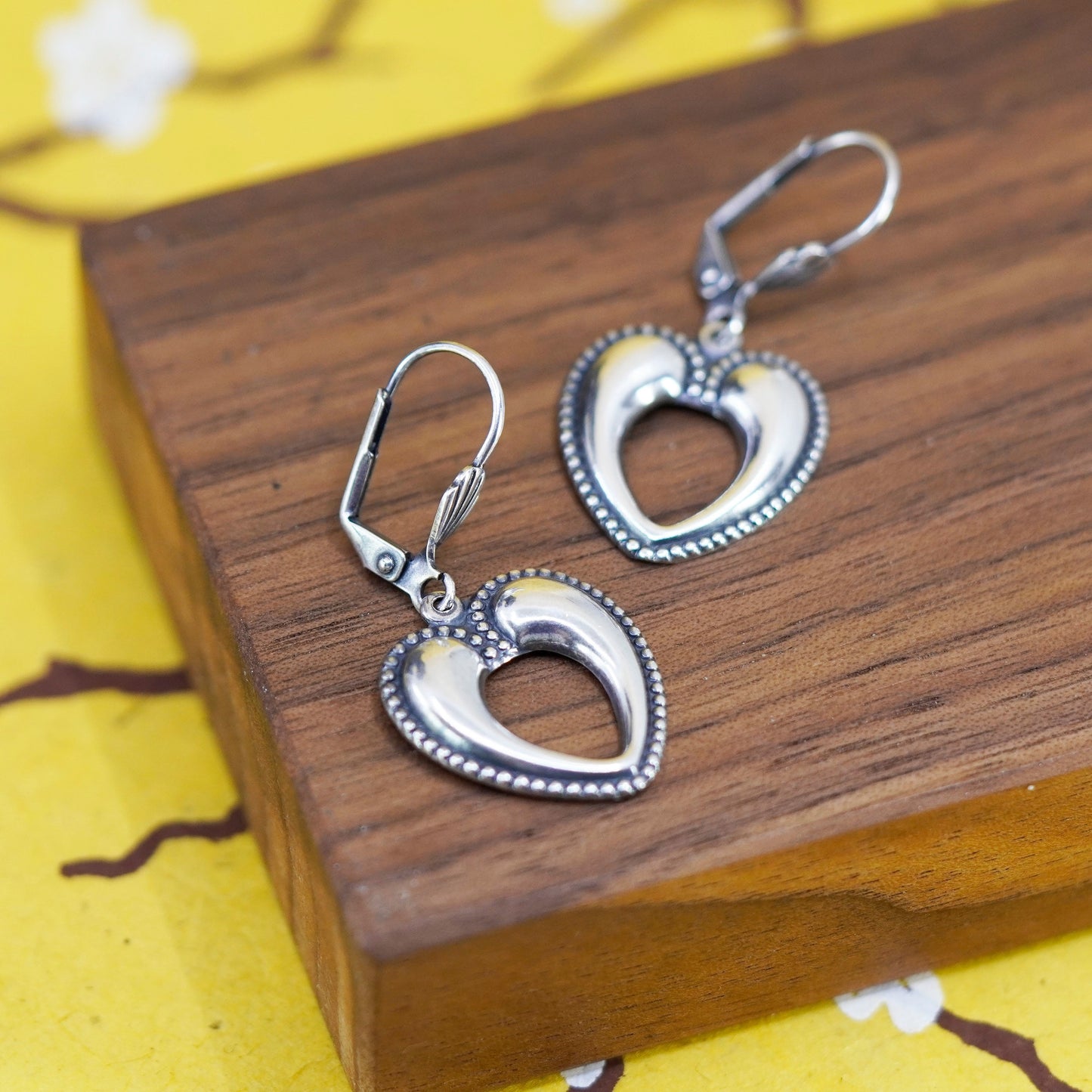 Vintage Sterling silver handmade earrings, 925 heart dangles with beads