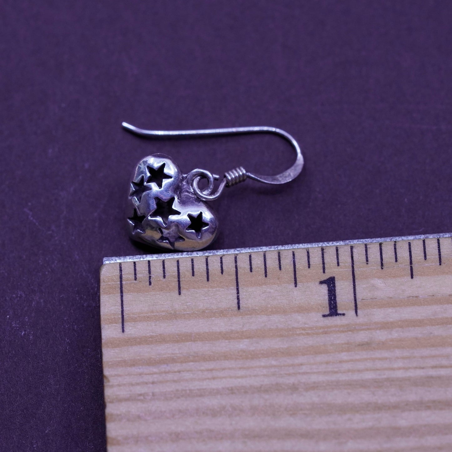Vintage Sterling silver handmade earrings, 925 heart drops with star cut out