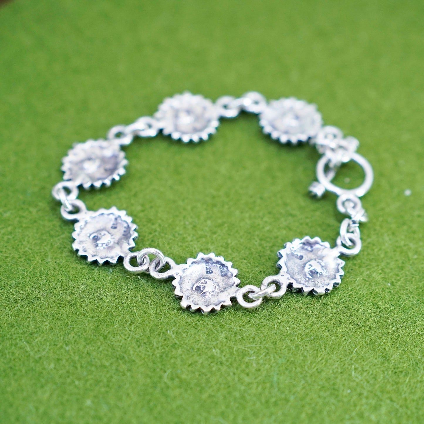 6.75”, vintage Sterling Silver Handmade Bracelet, 925 sunflower face chain
