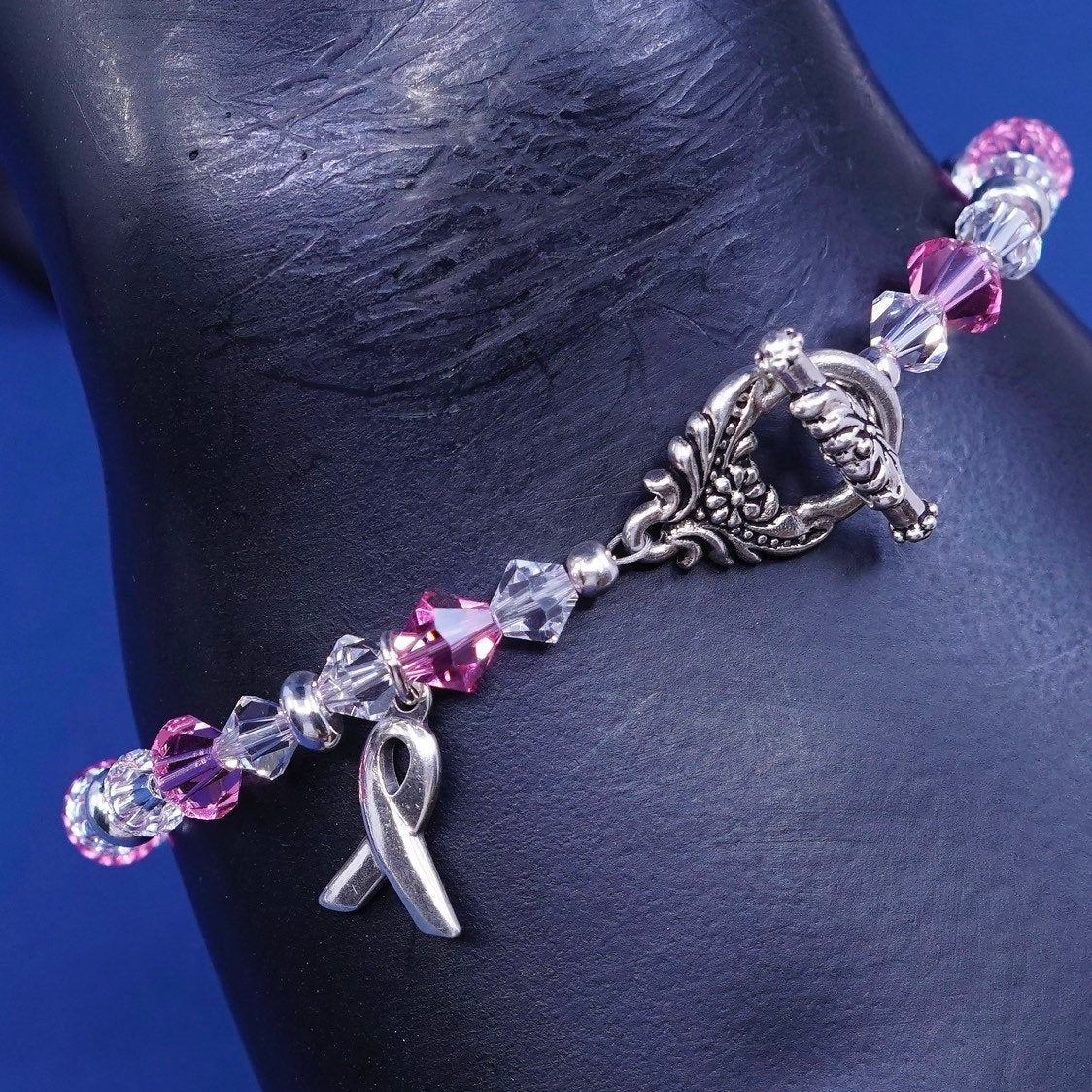 6.5”, vtg sterling silver handmade bracelet, 925 w/ pink crystal beads N toggle