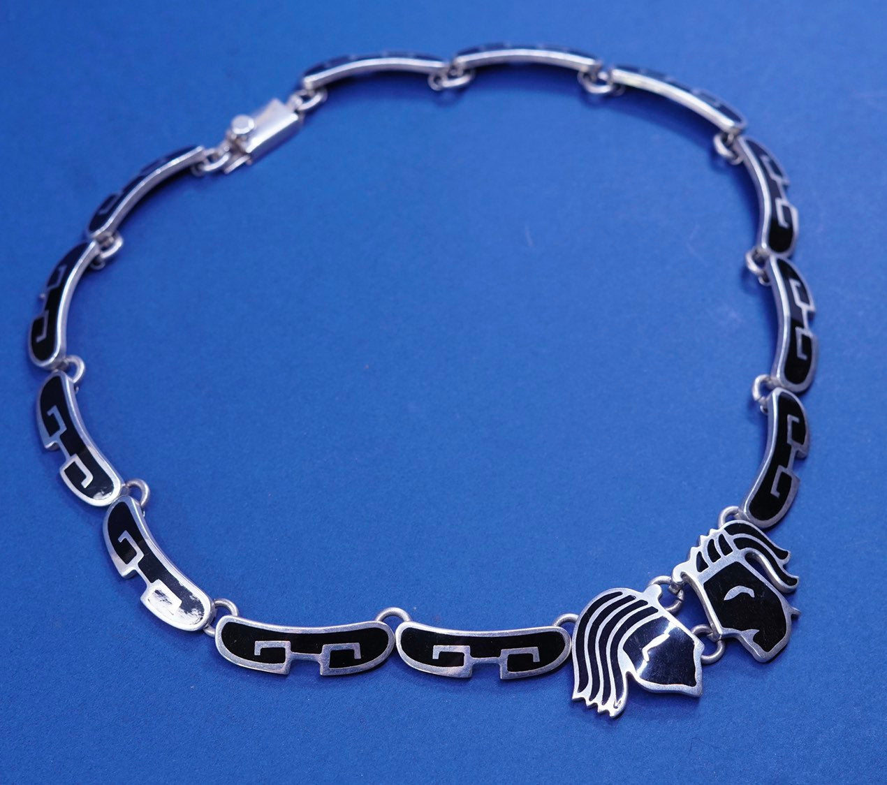18”, Southwestern sterling 925 silver handmade necklace, man woman face w/ onyx