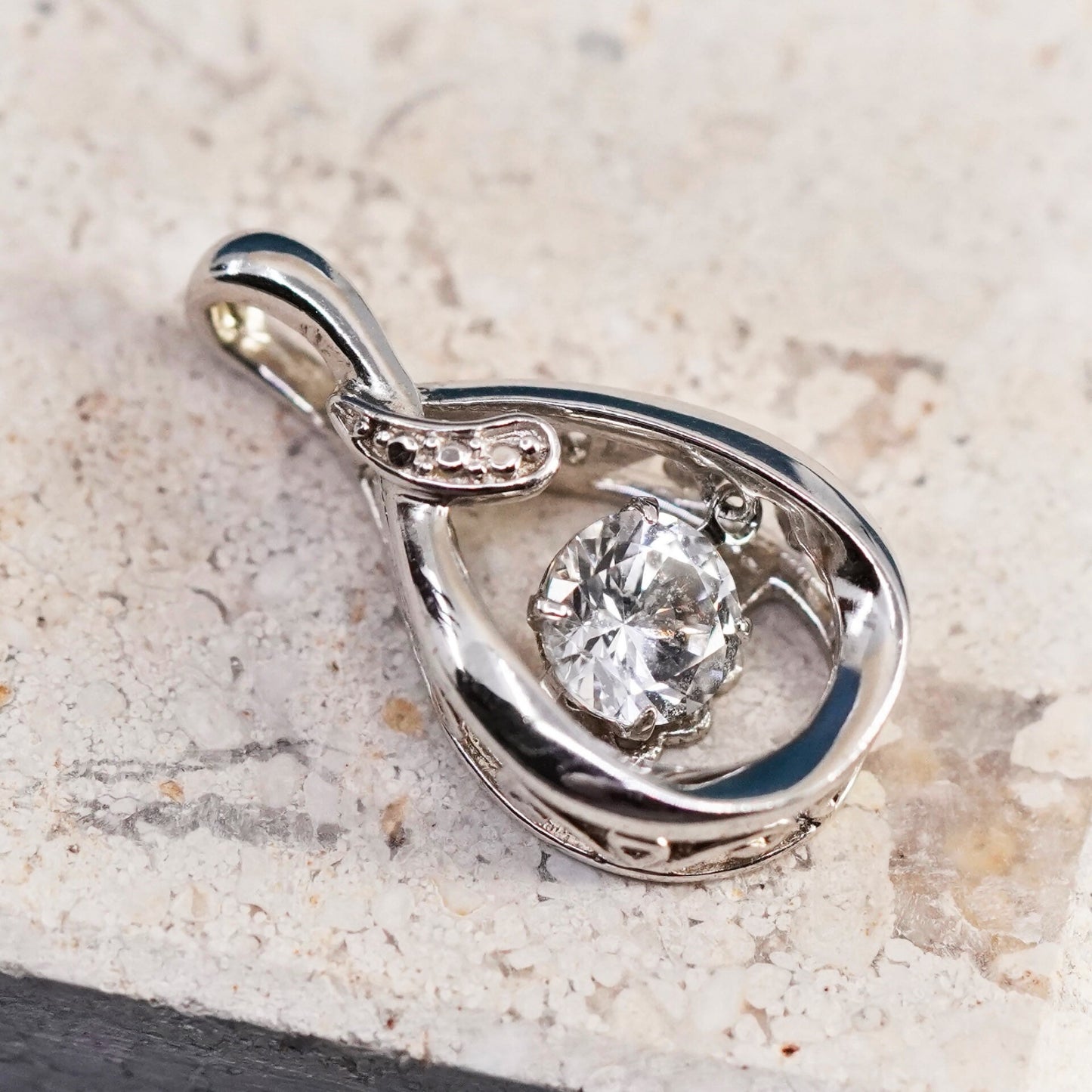 vintage Sterling 925 silver handmade teardrop pendant with dancing cz