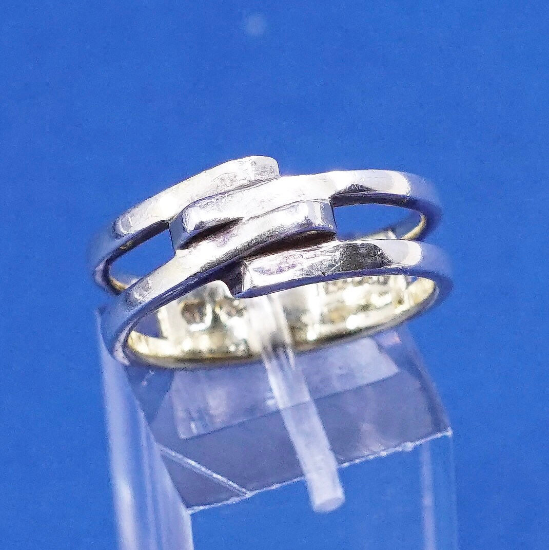 Size 9, vtg gold over sterling silver handmade ring, statement ribbed ring