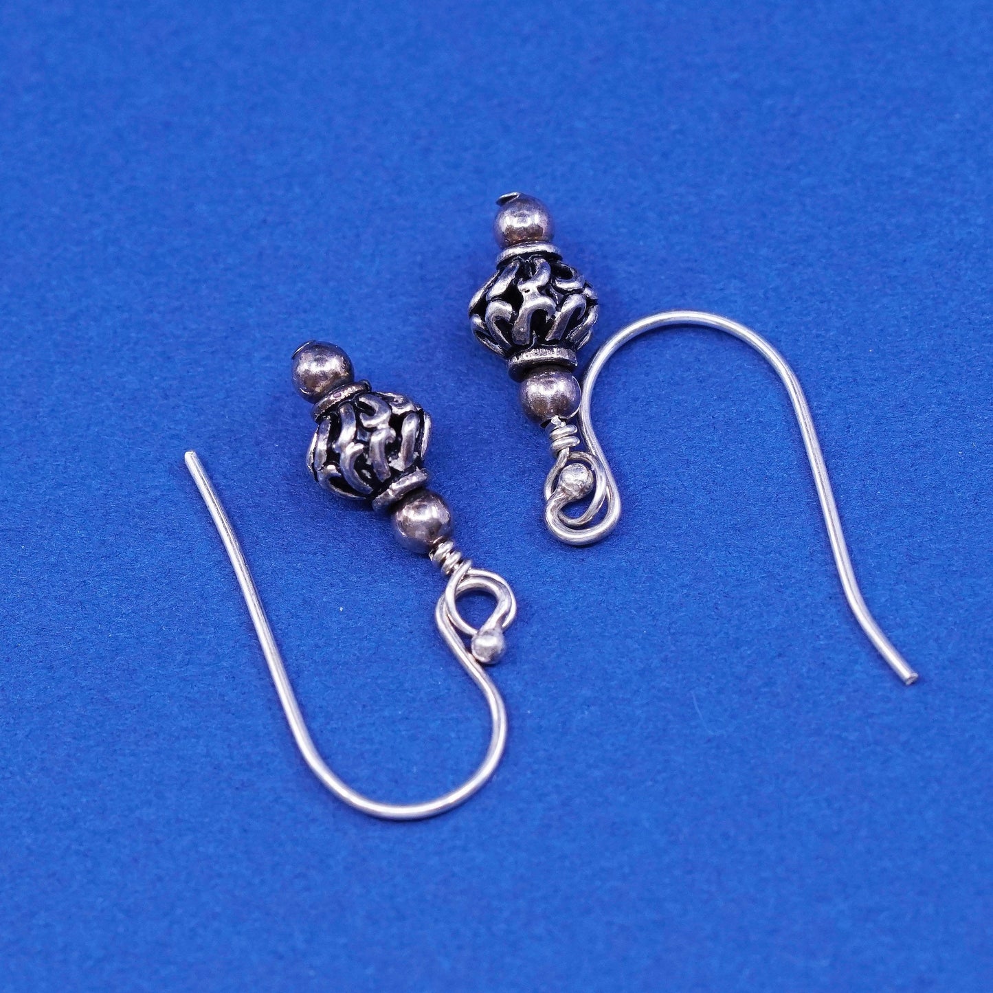 vtg Two Tone Sterling silver handmade earrings, 925 beads Dangles
