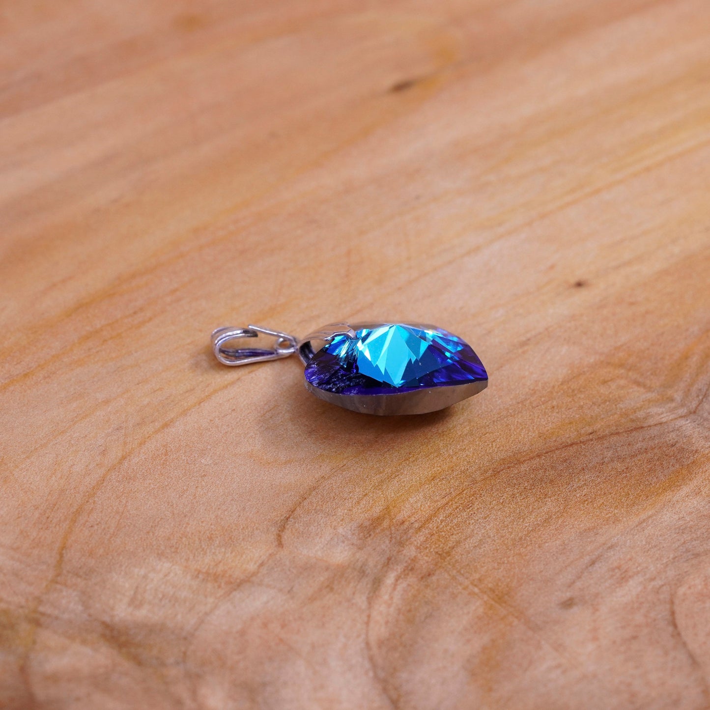 Vintage Sterling 925 silver heart shaped pendant with blue Swarovski crystal