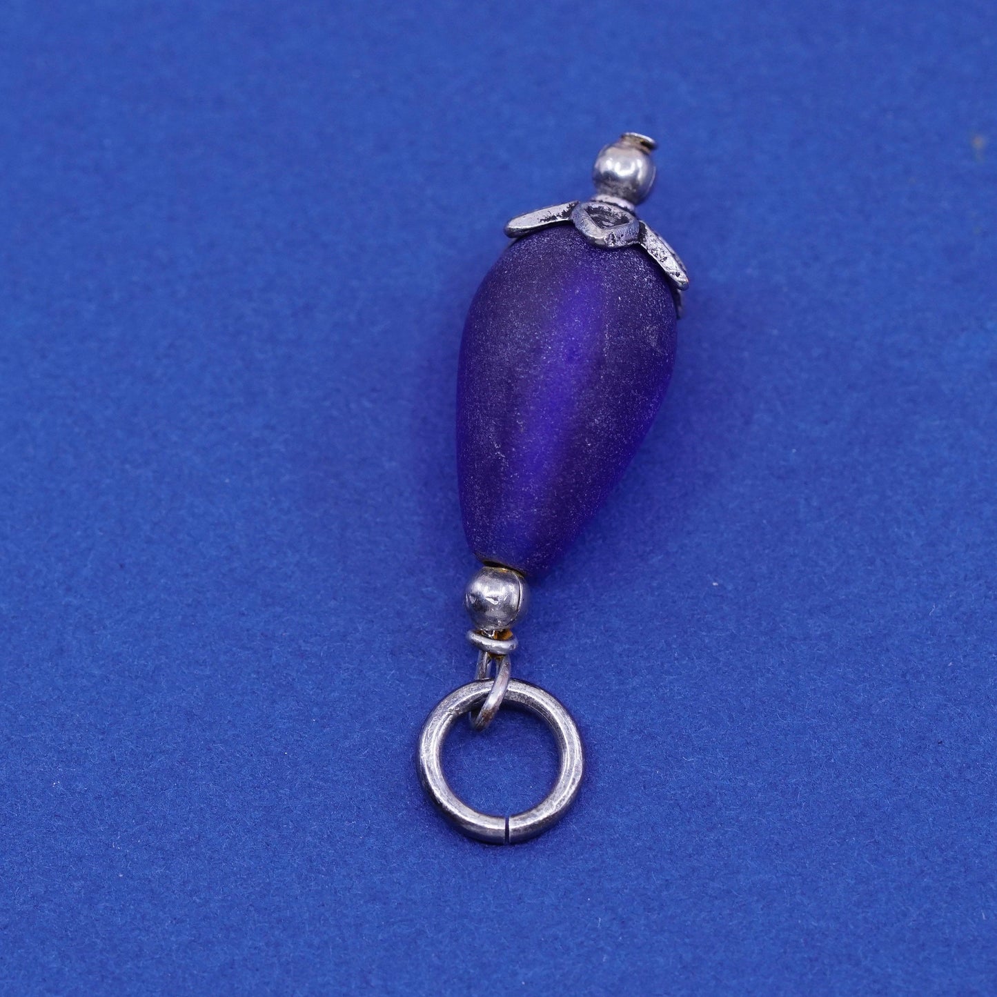 Vintage sterling 925 silver handmade pendant charm with blue teardrop glass