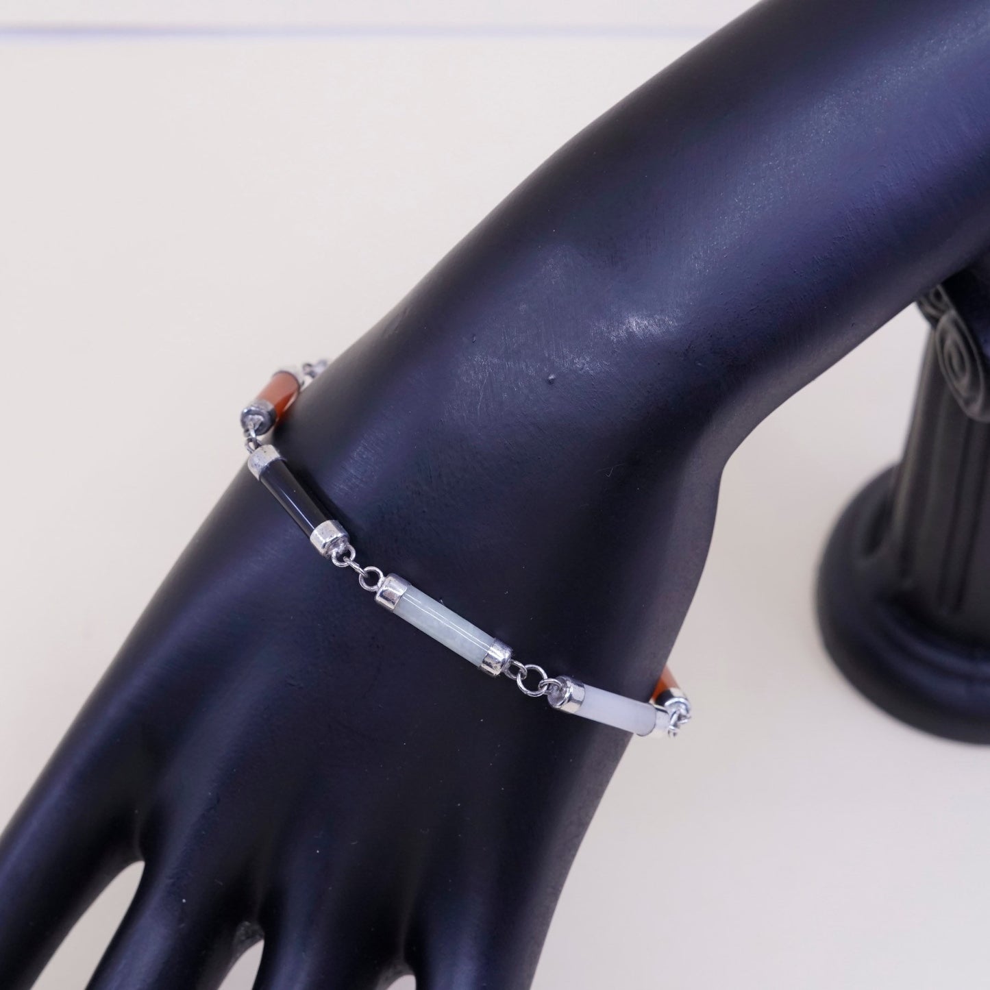7”, vtg sterling 925 silver handmade bracelet w/ jade, carnelian, obsidian bar