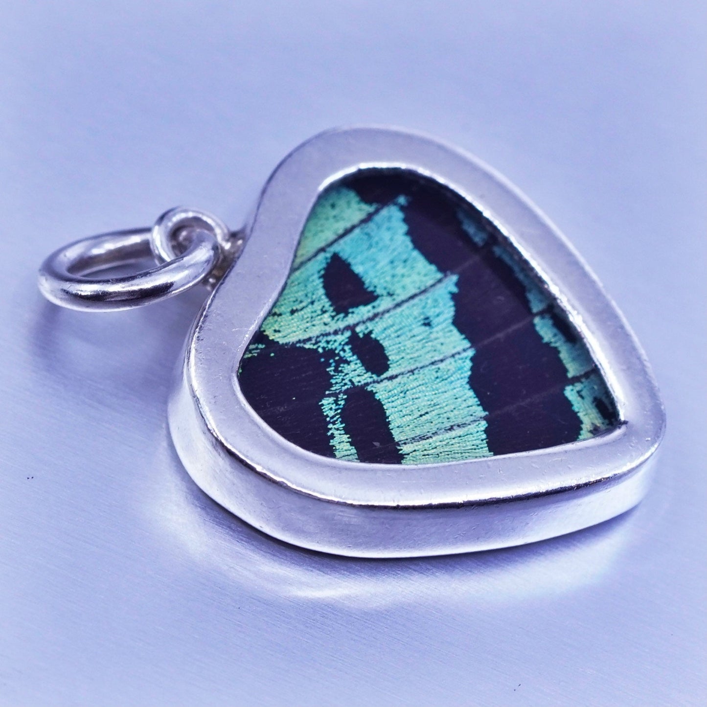 antique sterling 925 silver resin heart double sided pendant w/ butterfly wing