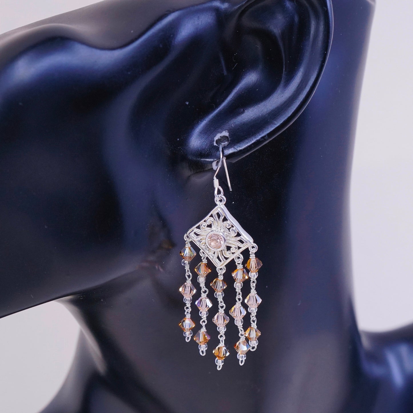 sterling 925 silver handmade earrings w/ orange cluster crystal fringe dangles