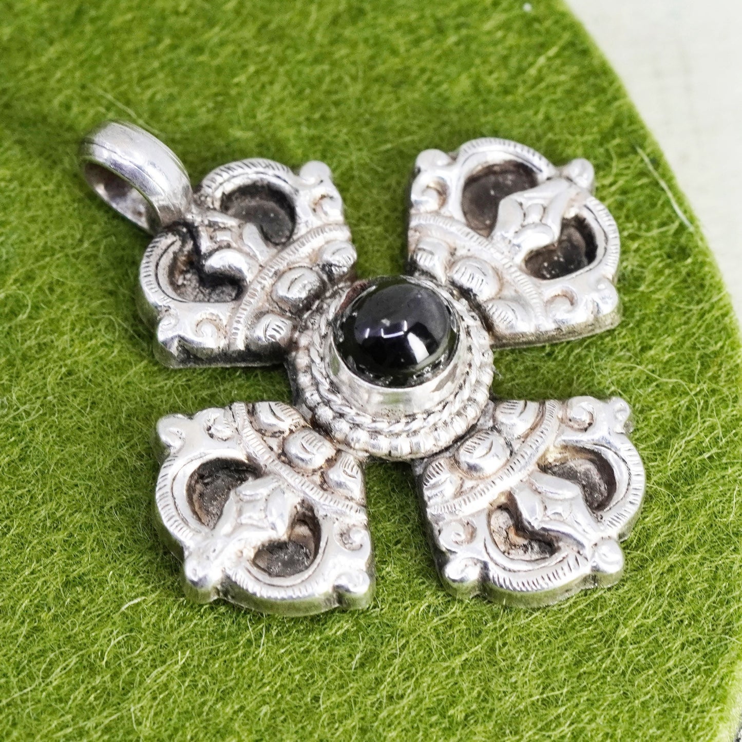 Vintage Nepal Sterling silver handmade charm, 925 Jerusalem cross pendant onyx