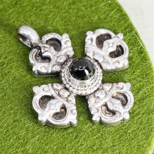Vintage Nepal Sterling silver handmade charm, 925 Jerusalem cross pendant onyx