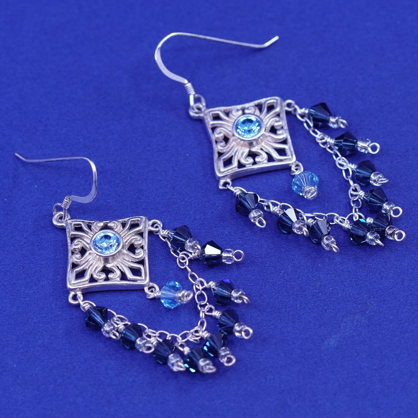 Sterling silver handmade earrings, 925 filigree diamond disk cluster crystal