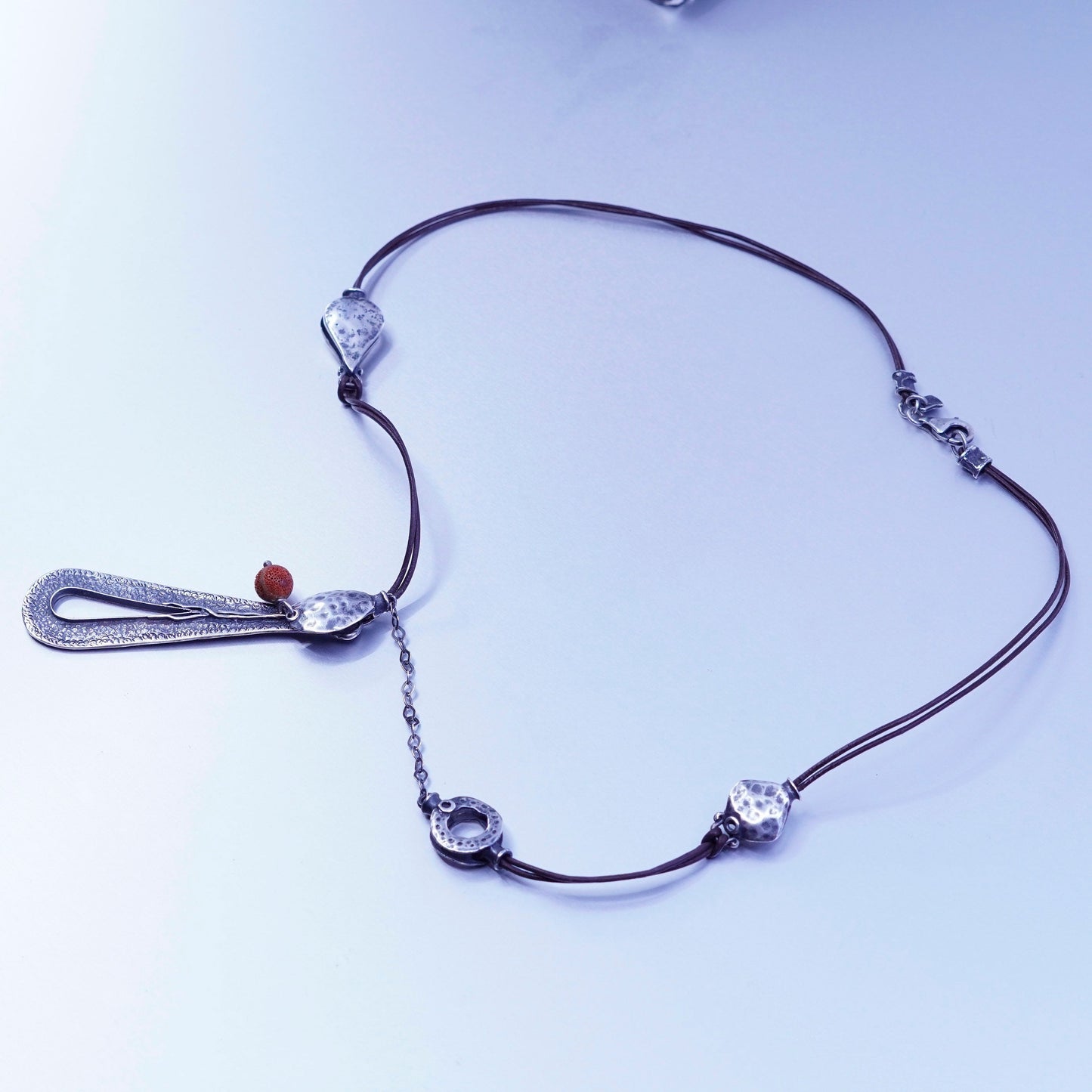 20”, Silpada Teardrop Sterling Silver 925 Pendant Coral Leather Necklace N1950