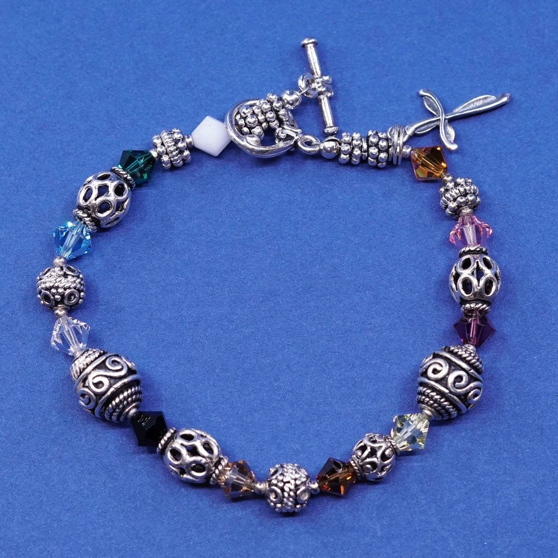 6.5", vtg Sterling 925 silver handmade bracelet w/ Crystal beads N cross charm