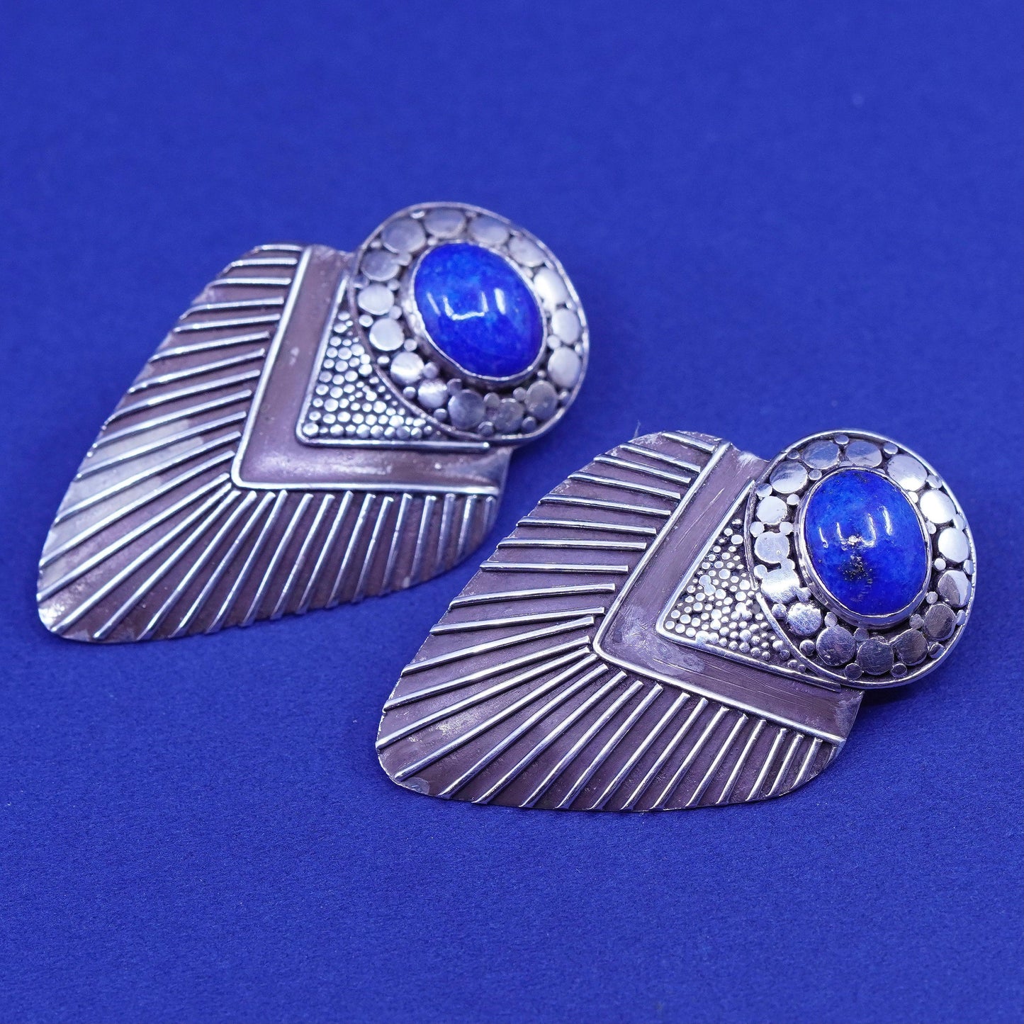 Vintage sterling silver handmade earrings, 925 teardrop studs with lapis lazuli