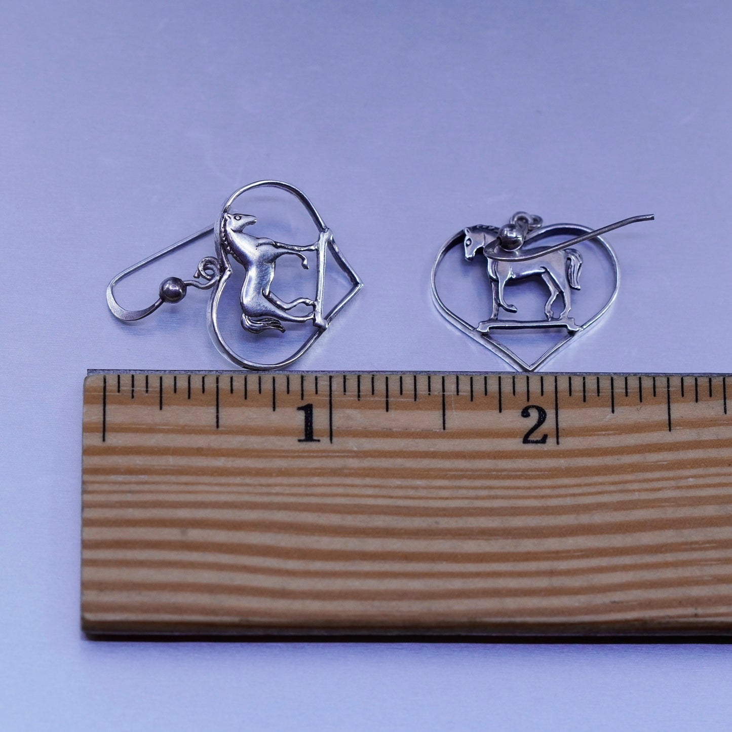 Vintage Sterling 925 silver handmade heart earrings with horse