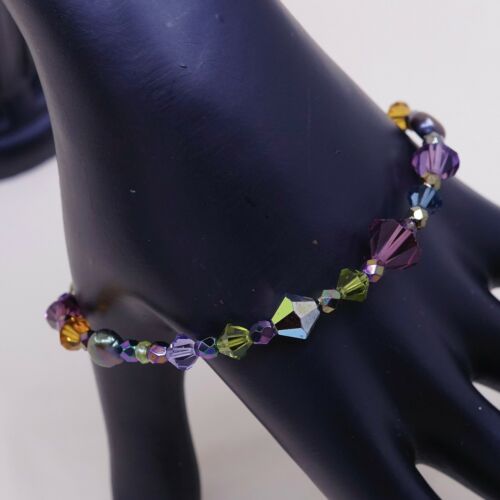 7.5”, Vtg Sterling 925 Silver Handmade Bracelet, Crystal N Tahitian Pearl beads