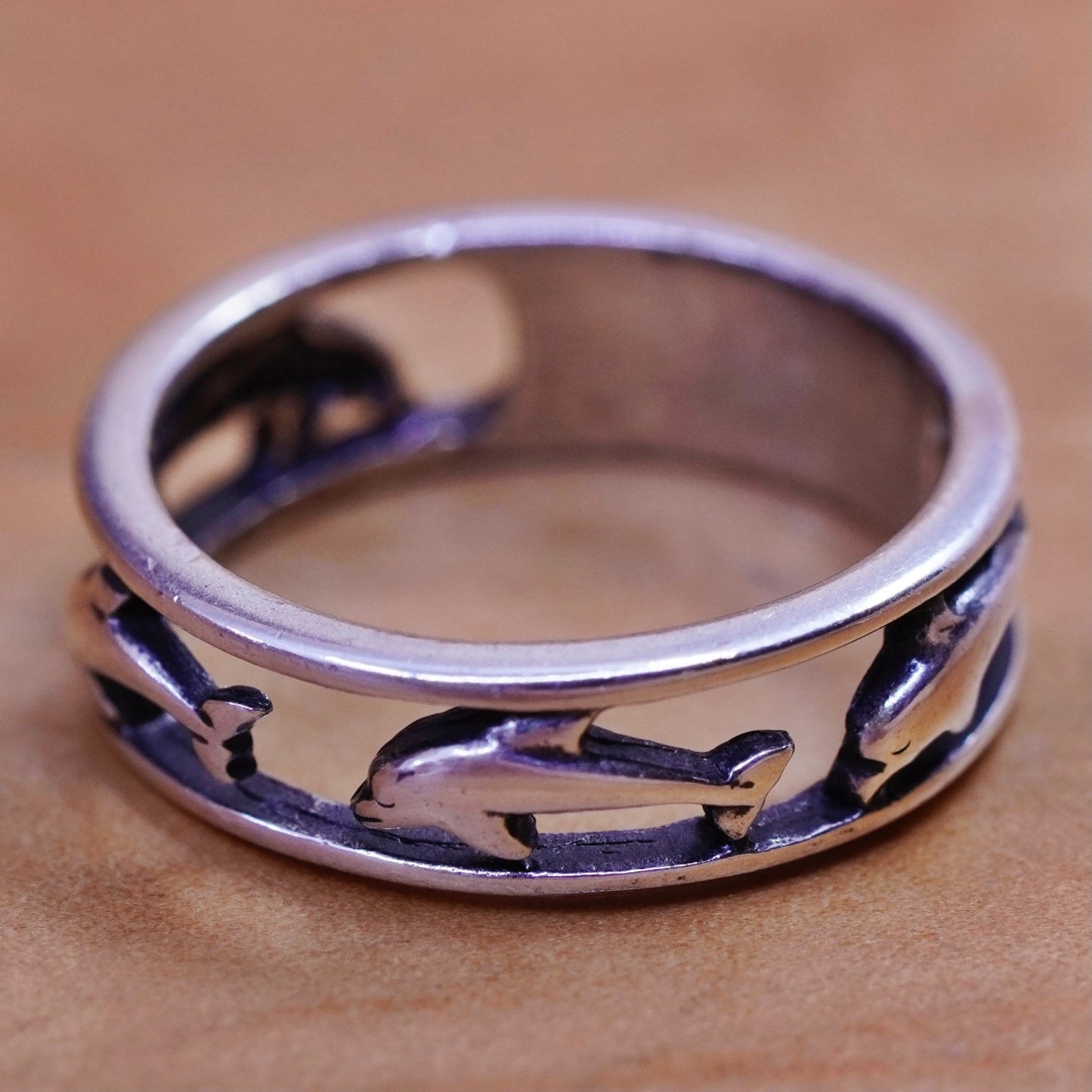 Size 6, vintage Sterling silver handmade ring, 925 dolphin band
