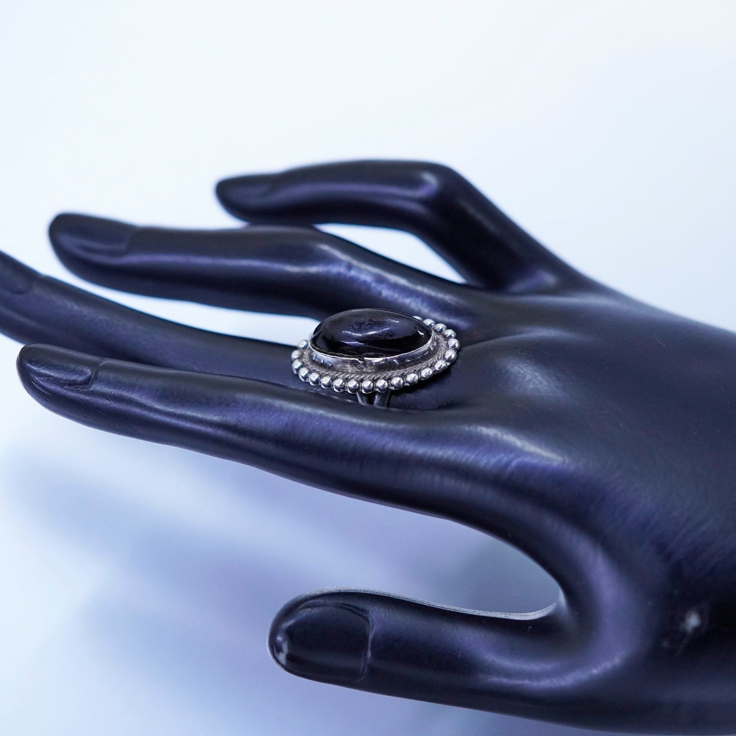 Size 6.5 vintage Sterling 925 silver handmade ring with onyx and beads