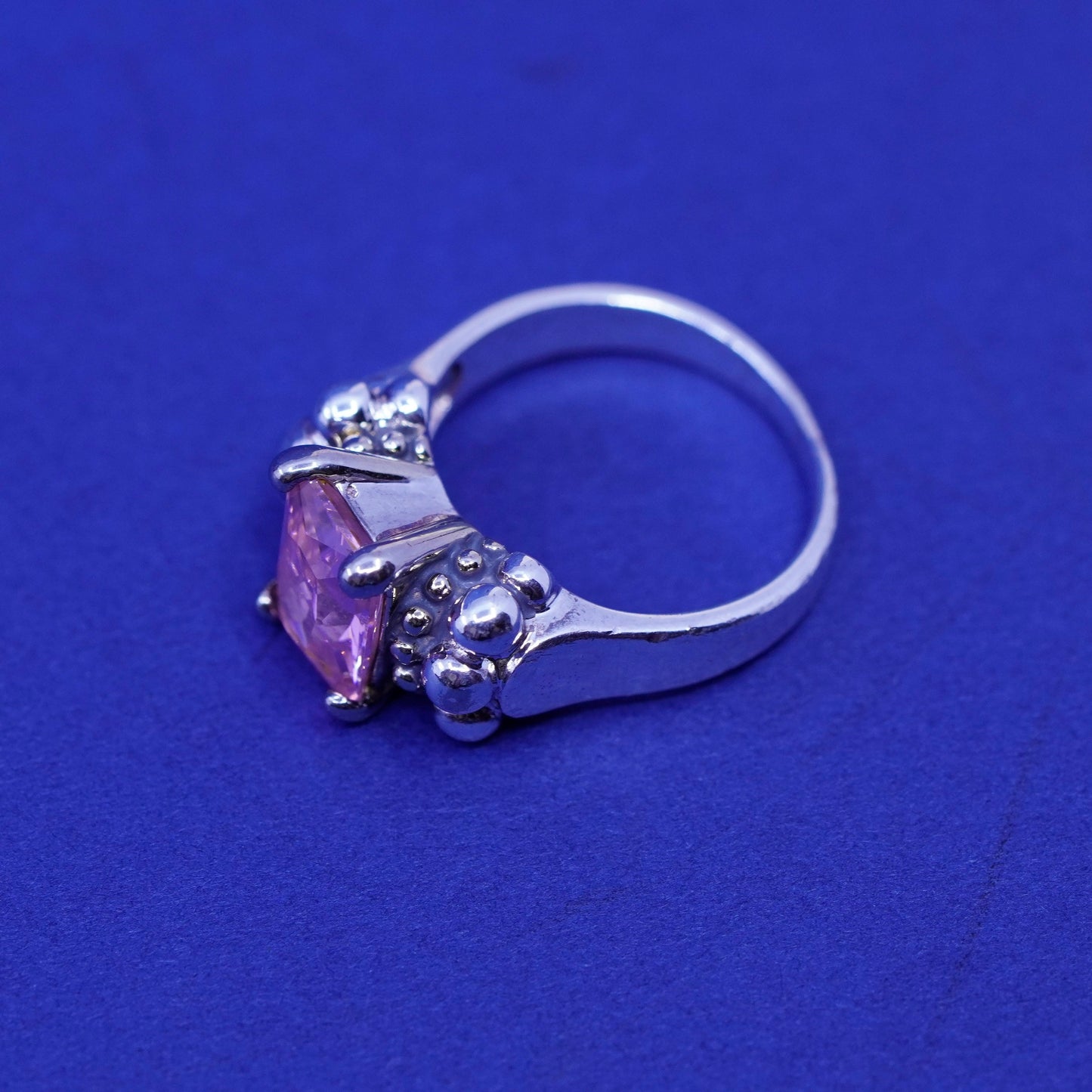 Size 6, vintage Sterling 925 silver handmade statement ring with pink crystal