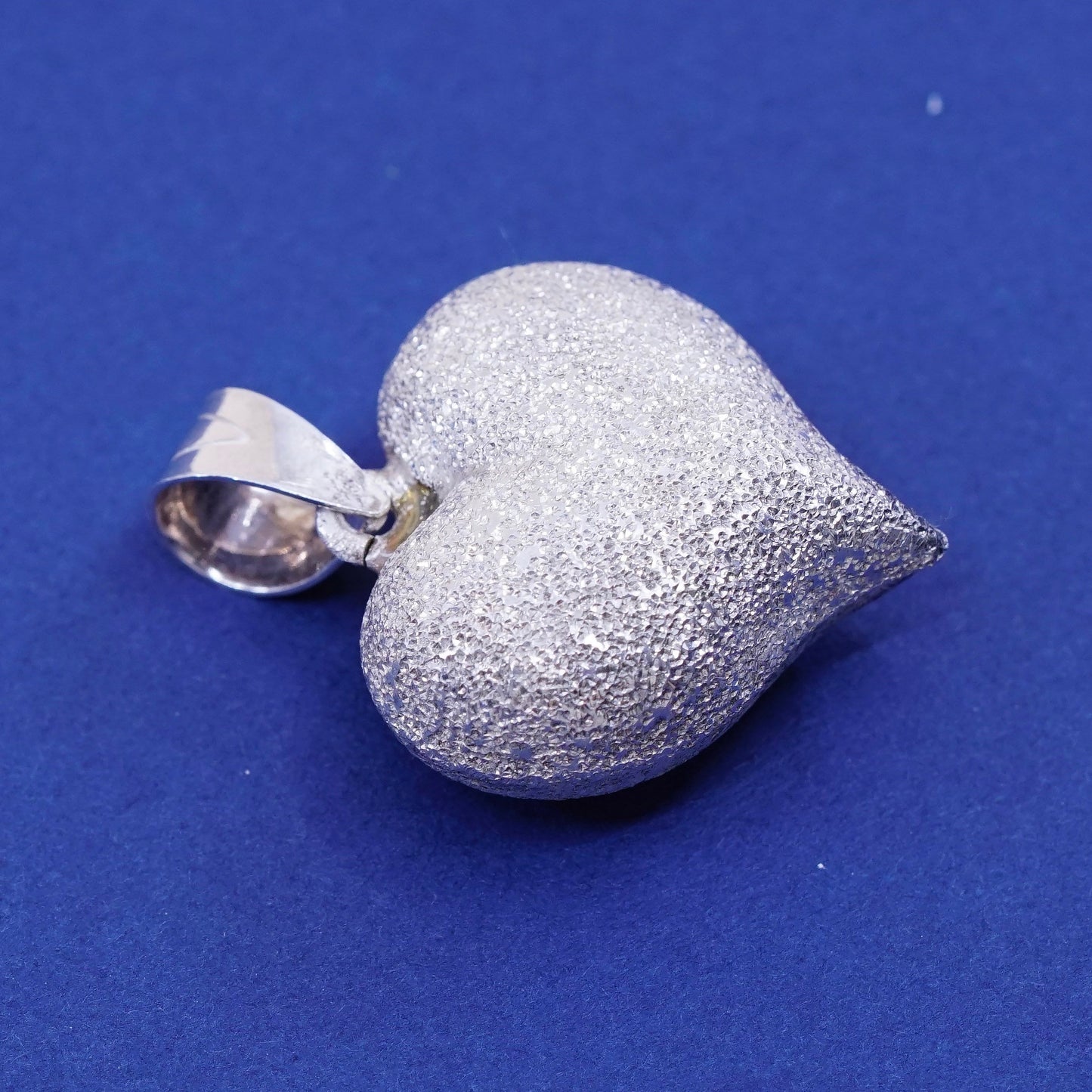 Vintage Sterling silver handmade pendant, glitter surface puffy 925 heart