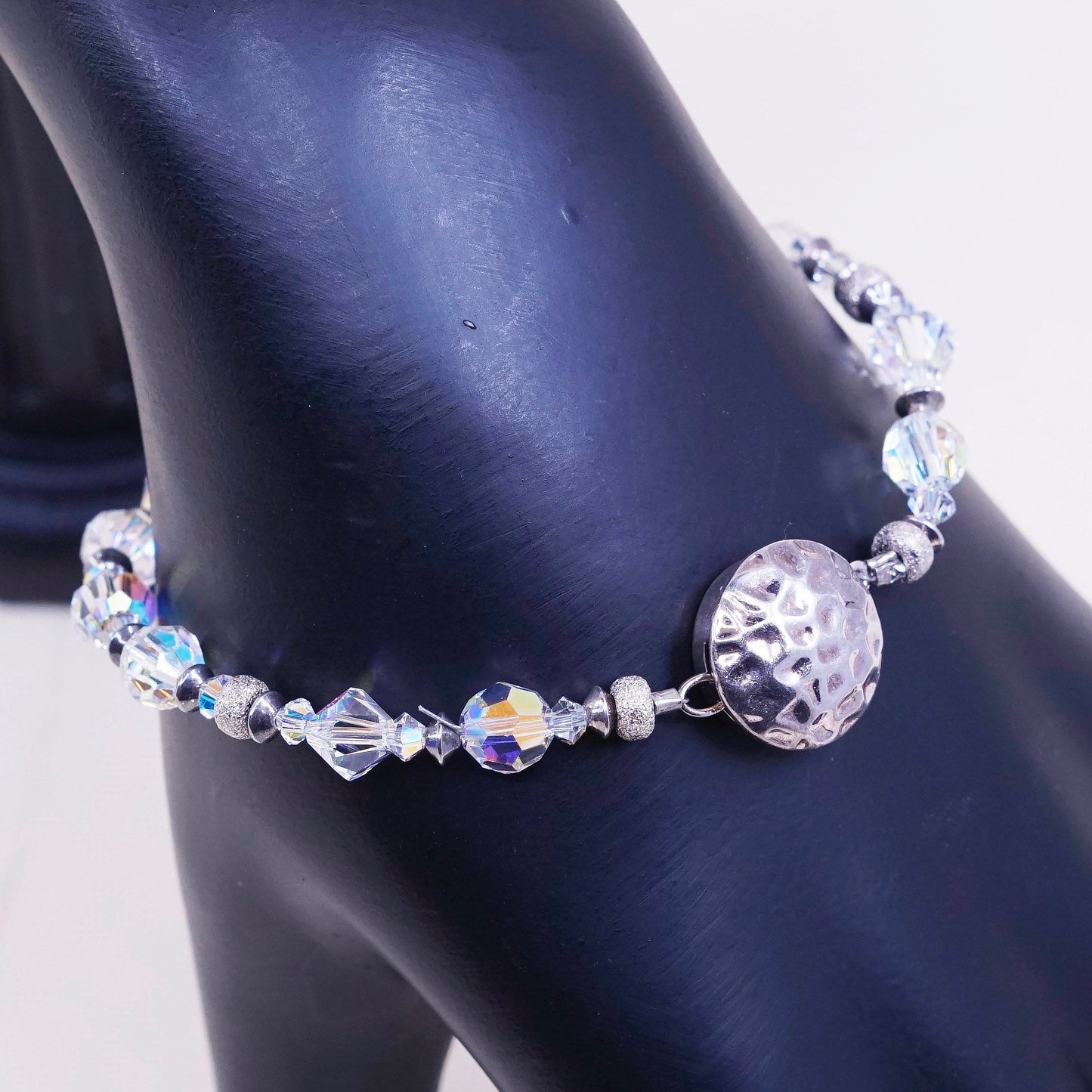 6.5”, vtg sterling silver handmade bracelet, 925 clasp with crystal beads