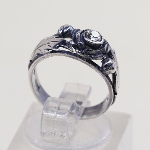 Size 2.25, Vintage Sterling 925 Silver Open Ring W/ Cz And Leaf Details